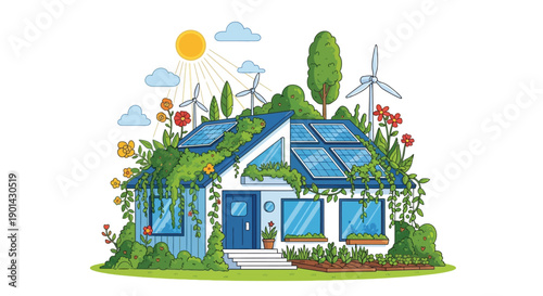 Illustration of an eco friendly house featuring solar panels wind turbines and abundant garden foliage
