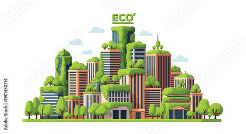 Illustration of a futuristic eco city skyline with green buildings covered in lush vegetation and trees
