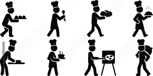Stickman baker silhouette set, Bakery work character poses, Cooking and baking figure collection