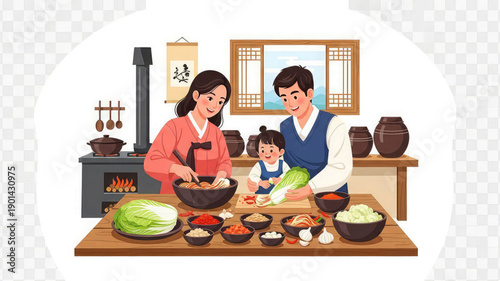 Family cooking traditional korean food together in a cozy kitchen