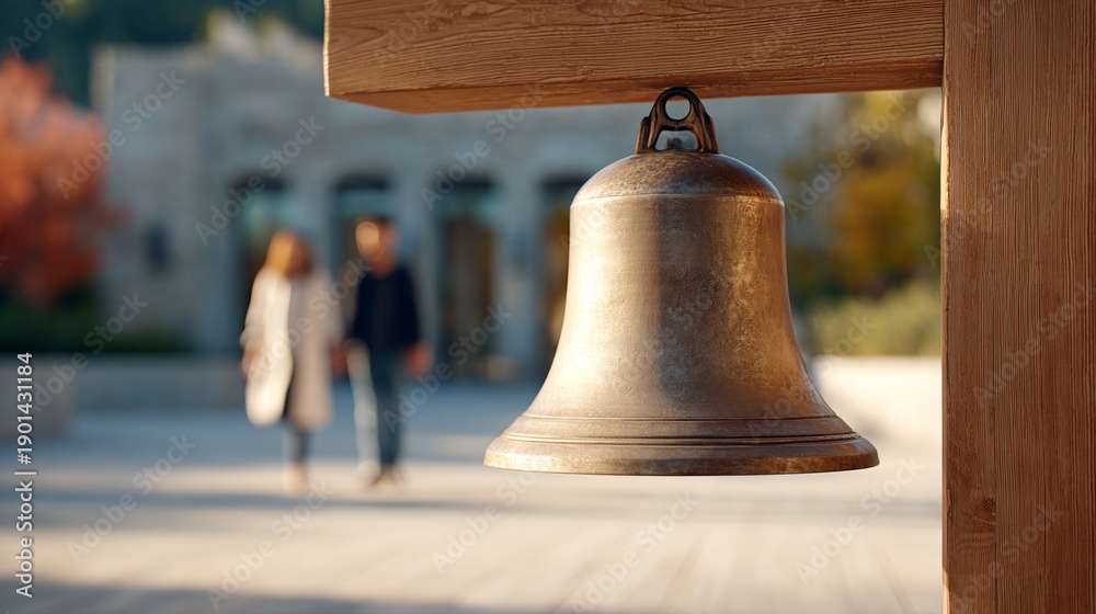 Obraz premium Outdoor Bronze Bell with Blurred Figures Walking in the Background on a Sunny Day
