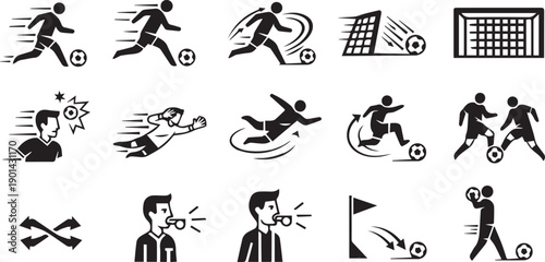 Soccer Action Icon Set - Football Player, Referee, and Goal Silhouette Symbols