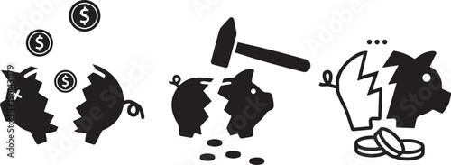 Financial Crisis Silhouette: A visual representation of financial woes unfolds, featuring a broken piggy bank and cascading coins, evoking a sense of economic instability.