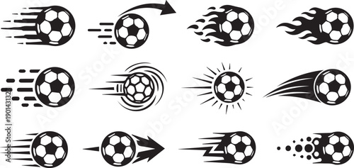 Soccer Ball Speed and Motion Silhouette Set - Football Goal and Sport Action Icons