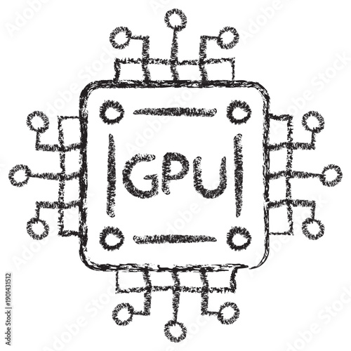 Vector icon of AI hardware acceleration and GPU computing. Dark brown charcoal sketch on transparent background. Features a GPU microchip with electronic circuit paths