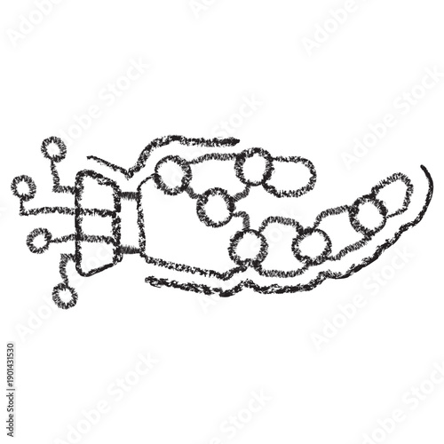 Vector icon of a robotic hand with neural network nodes. Dark brown charcoal sketch on transparent background style. It represents robotics, AI automation, and bionic technology