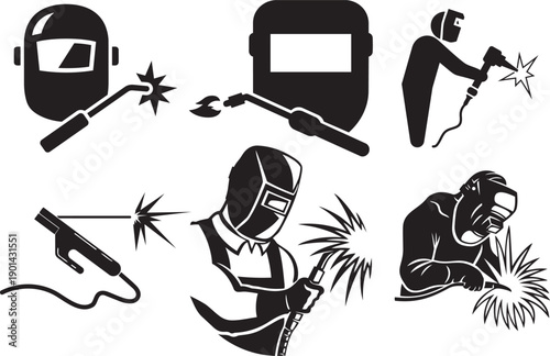 Welding Icons Set: A collection of various welding-related icons and symbols, illustrating the tools and actions of a welder in a series of clean and precise illustrations.