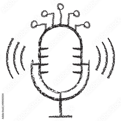 Vector icon representing voice recognition, smart audio processing. Dark brown charcoal sketch on transparent background. Intelligent microphone symbol with circuit elements. AI assistant technology