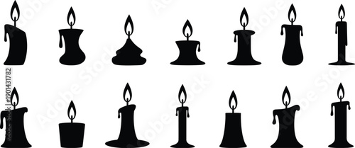 Set of black silhouette burning wax candles with melting wax and flickering flames isolated on white background for mystical decor, church, and memorial design.