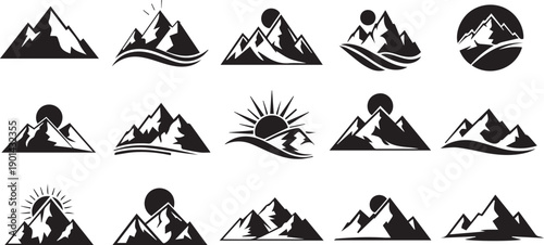 Mountain Landscape Logo Set - Nature Peak with Sun and River Icons
