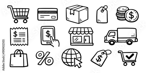 Set of hand-drawn e-commerce and shopping icons including cart, delivery, payment, and storefront in a minimalist doodle style.