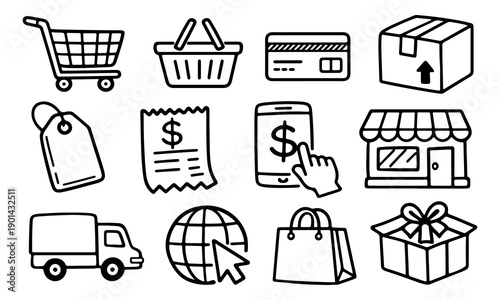 Hand-drawn doodle icons for e-commerce and retail, including shopping cart, delivery, and payment symbols on a clean white background.