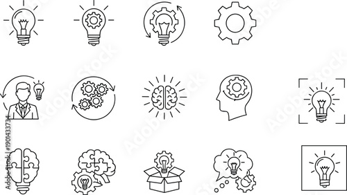 Creative idea and innovation line icons set featuring brainstorming thinking process problem solving strategy symbols outline vector illustration