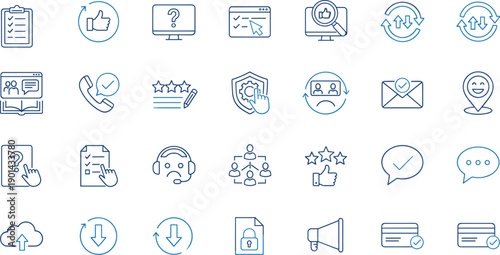 Customer Support Icons, Feedback Symbols, Communication Tools, Data Management, Service Interface, Security Features, Cloud Sync, User Experience Design