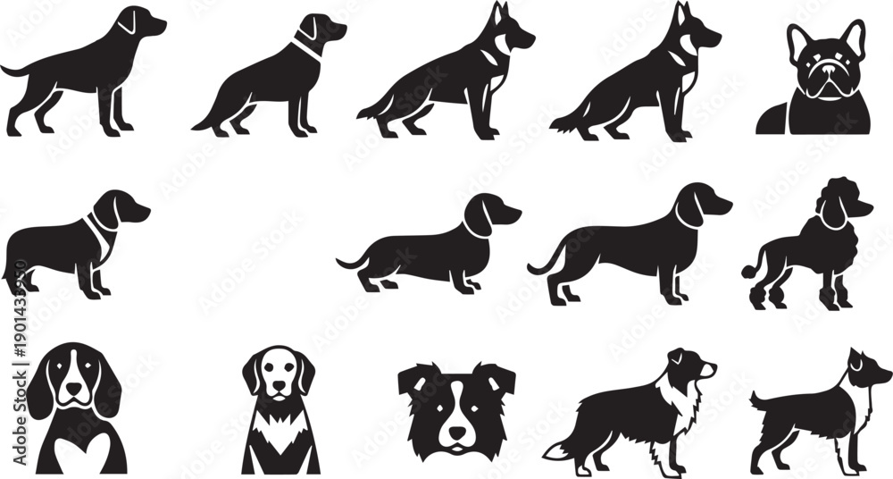 Fototapeta premium Pedigree Dog Breed Silhouette Set - Canine Portraits and Domestic Pet Icons
