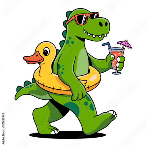 a cartoon green dinosaur walking, with sunglasses and an inflatable yellow duck swimming rings around the bigfoot's waist, holding a cocktail, vector illustration