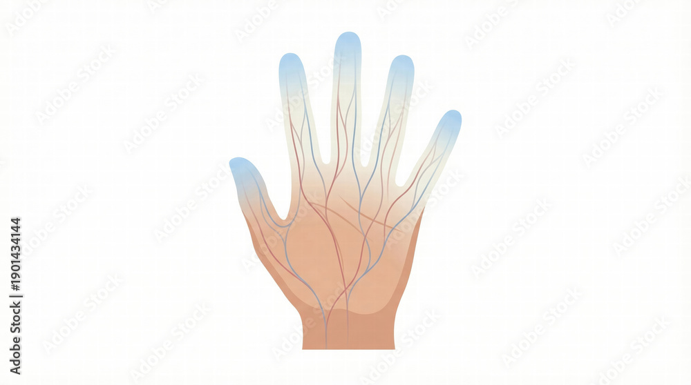 Obraz premium Medical illustration of Raynaud’s phenomenon showing restricted blood flow and discoloration in fingers.