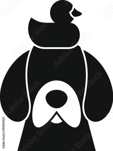 Dog head silhouette holding a rubber duck, representing pet bathing