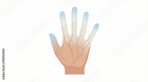 Medical illustration of Raynaud’s phenomenon showing restricted blood flow and discoloration in fingers.