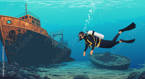 Vector illustration of a diver exploring sunken shipwrecks on the ocean floor