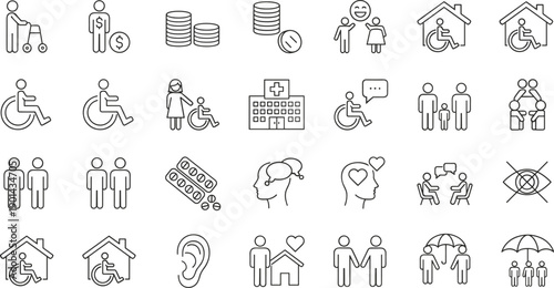 Healthcare icons, disability support symbols, mental health graphics, elder care visuals, social services, financial aid, wellness, community care