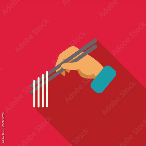 Hand holding chopsticks picking up white noodles, illustrating asian food