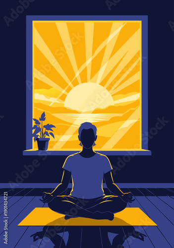 Vector illustration of a person meditating in front of a sunrise through a window, symbolizing peace and tranquility