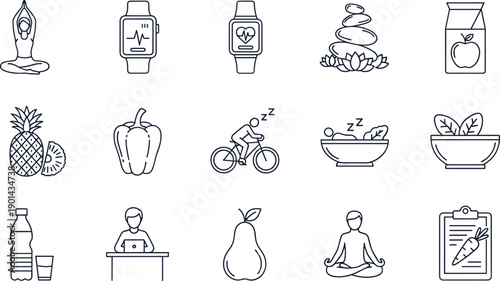 Health and Wellness Line Icons Set, Yoga, Fitness, Healthy Eating, Exercise, and Activity Tracker Smartwatch Outline Vector Collection