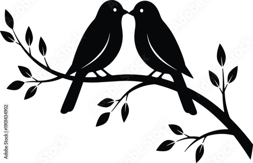  Pair of Birds in Love Silhouette Perched on Twiggy Branch Affectionate Pose Vector Graphic