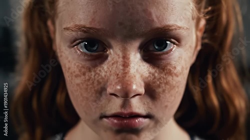 Young serious intense red-haired girl with freckles looking directly at camera indoors