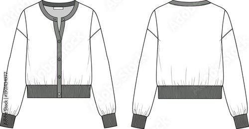 Long sleeve button up cardigan sweater with ribbed cuffs and hem technical fashion flat sketch template cad drawing flat vector illustration