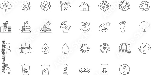 Sustainability and Clean Energy Icons Set, Eco-Friendly Line Art, Net Zero, Recycling, Water Conservation, Renewable Power, Green Living