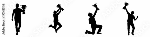 Simple Silhouette Illustration of Man Holding Up a Trophy in Celebration Poses