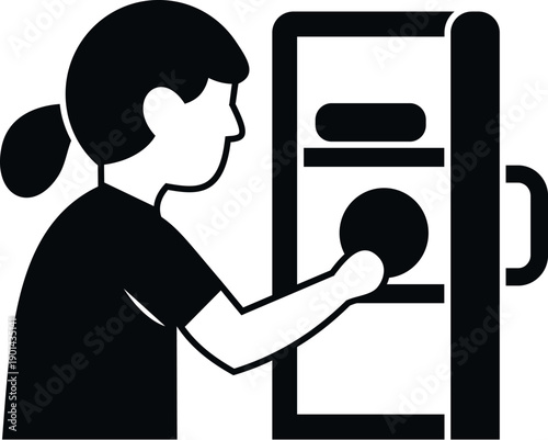 Girl selecting a snack or drink from an automated vending machine, black and white icon