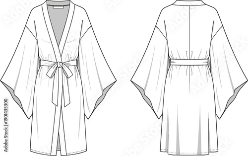 Kimono style robe with wide sleeves and waist tie belt technical fashion flat sketch template front back view cad drawing flat vector illustration