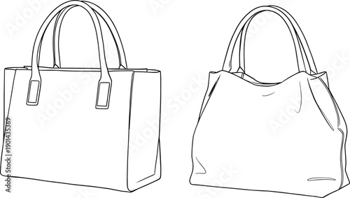 Handbag line art illustration, fashion accessory vector drawing, minimal black and white tote bags sketch, isolated design element