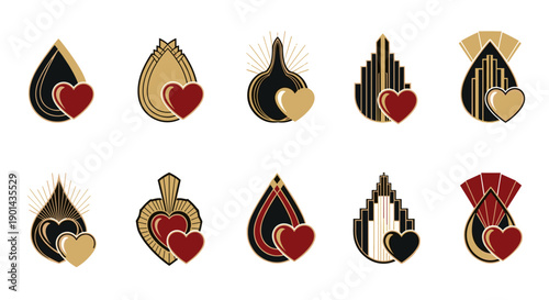 Set of stylish gold and black jewelry icons with red heart accents