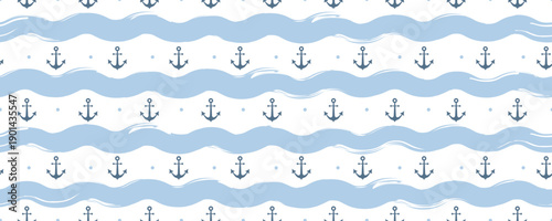Seamless pattern with grunge curly lines. Hand drawn watercolor sea. Abstract girly backdrop with anchors. Vector illustration.