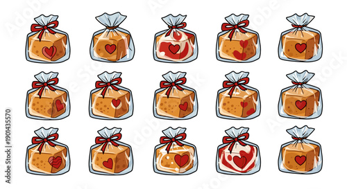 Collection of various decorated cakes with different toppings and designs