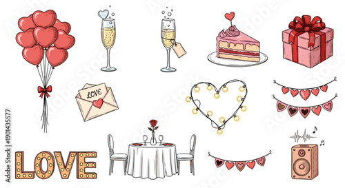 Collection of romantic celebration items including flowers cake and gifts