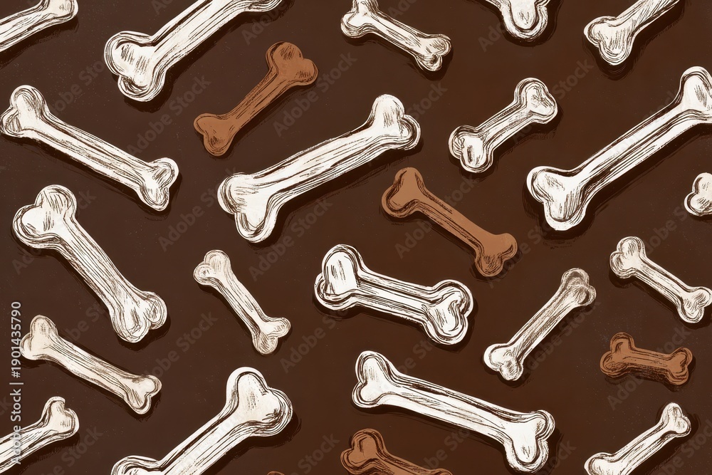 Naklejka premium Fun dog bone doodles create a lively seamless pattern on a dark background for pet lovers and designers