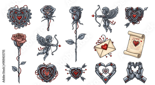 Collection of vintage embroidered love and romantic themed icons