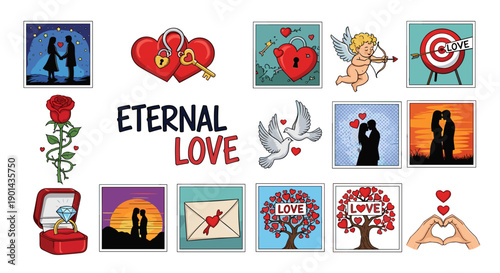Collection of romantic and lovethemed illustrations and symbols