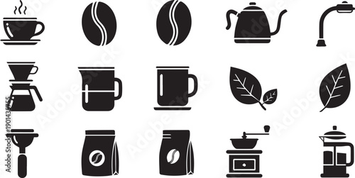 Specialty Coffee Brewing Icon Set - Coffee Beans Bag and Professional Barista Tools