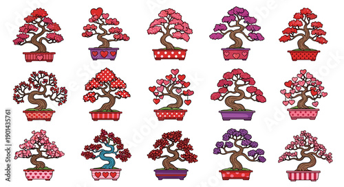 Collection of colorful potted bonsai trees with vibrant flowers