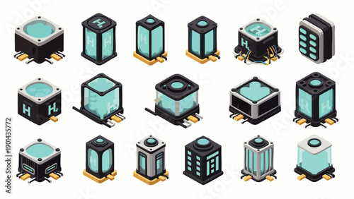 Isometric collection of futuristic energy cells, data storage modules, and power units. Modern technology icons for science, computing, and innovation projects.
