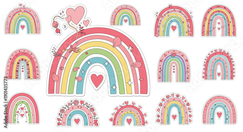 Collection of colorful handdrawn rainbows with hearts and clouds
