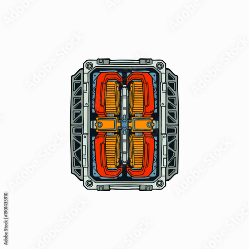 Abstract futuristic mechanical device component, high-tech engineering part for science fiction concept, detailed industrial machine element illustration