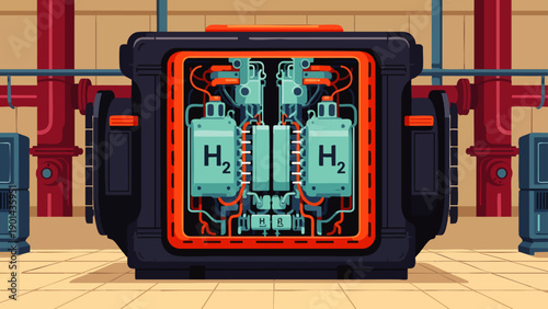 Vibrant pixel art illustration of a futuristic hydrogen energy module, showcasing clean power generation and green technology for a sustainable future.