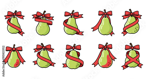 Set of ten illustrated pears with red ribbons in various positions